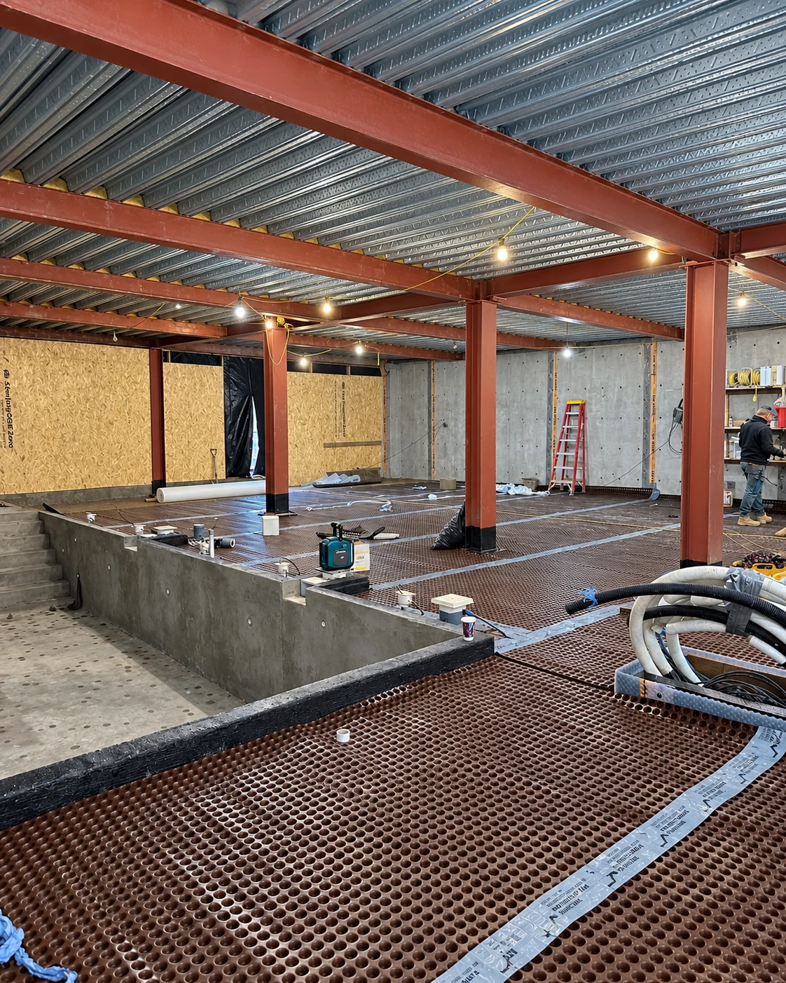 Swimming pool structure within a broader waterproofing installation