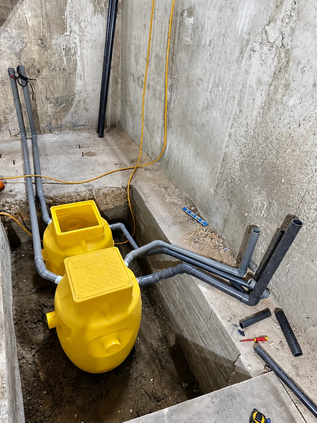 Twin pump chambers and connected pipework installed by LNK