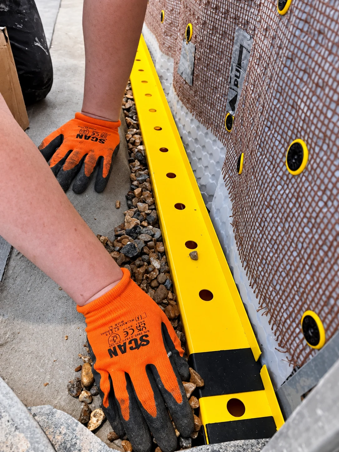 LNK installer fitting the perimeter drainage channel within a Delta Type C waterproofing system