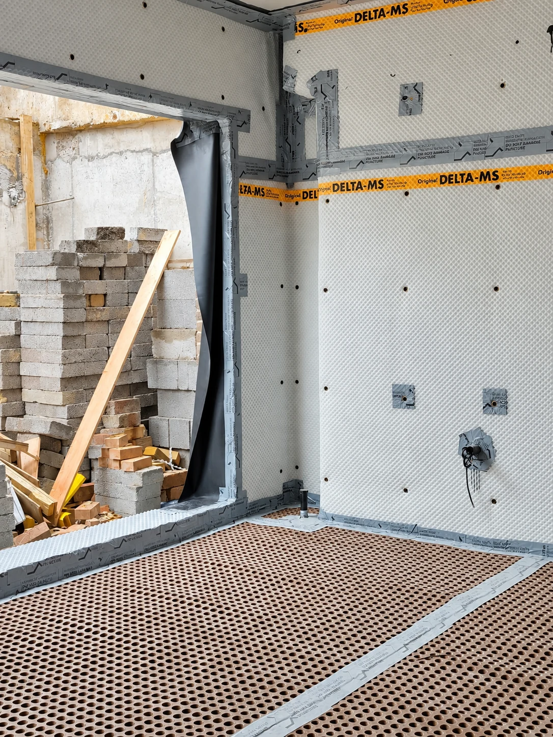 Delta Type C cavity-drain wall membrane and floor detailing installed by LNK